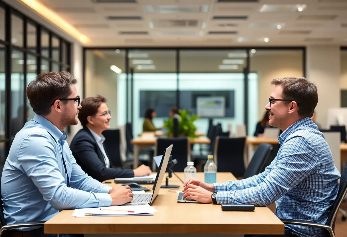 Two colleagues talking over laptops in a quiet office