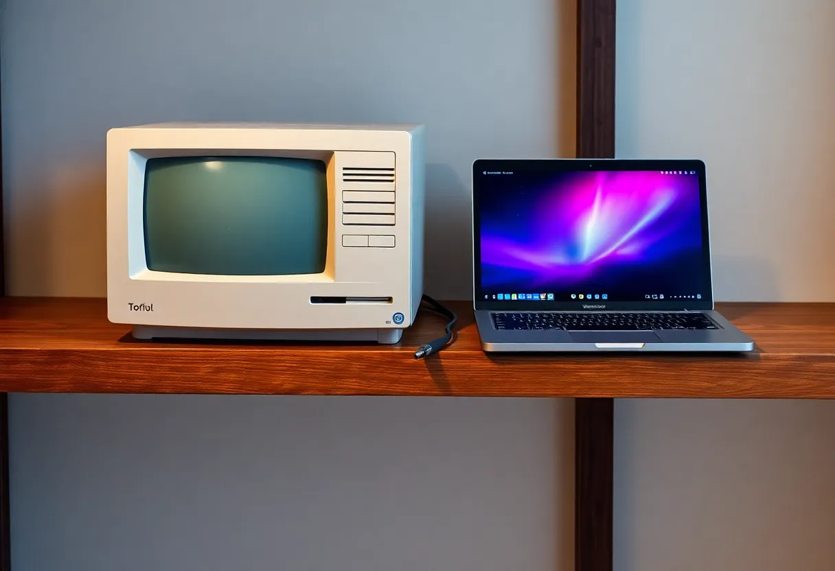 Old and new computer equipment on a shelf in an office