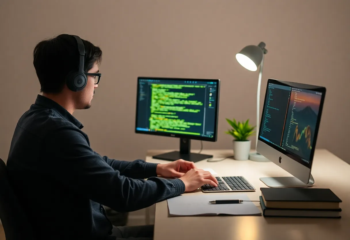 Single engineer reviewing a change at a quiet desk