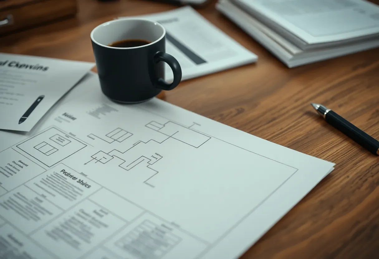 A quiet office desk with a database schema printout and a coffee cup