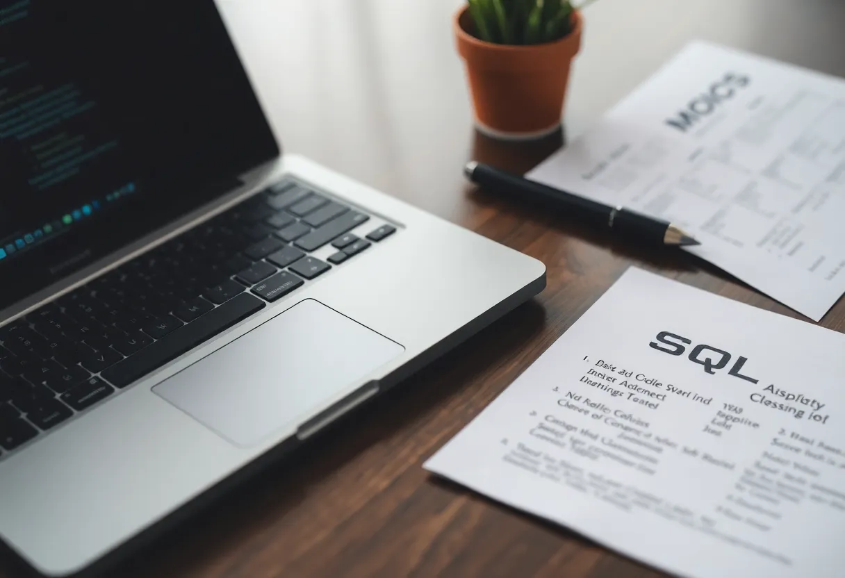 SQL migration files next to a laptop on a desk