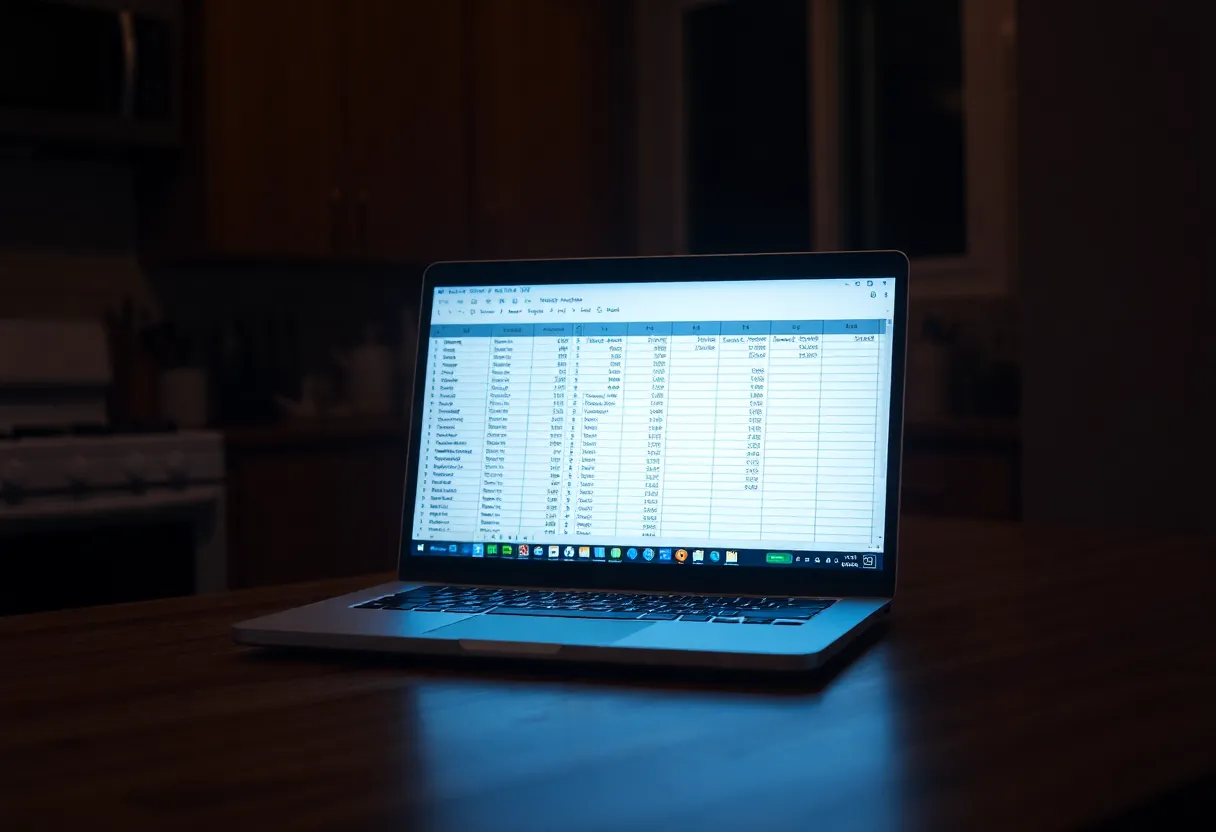 Person reviewing a spreadsheet on a laptop at a kitchen table