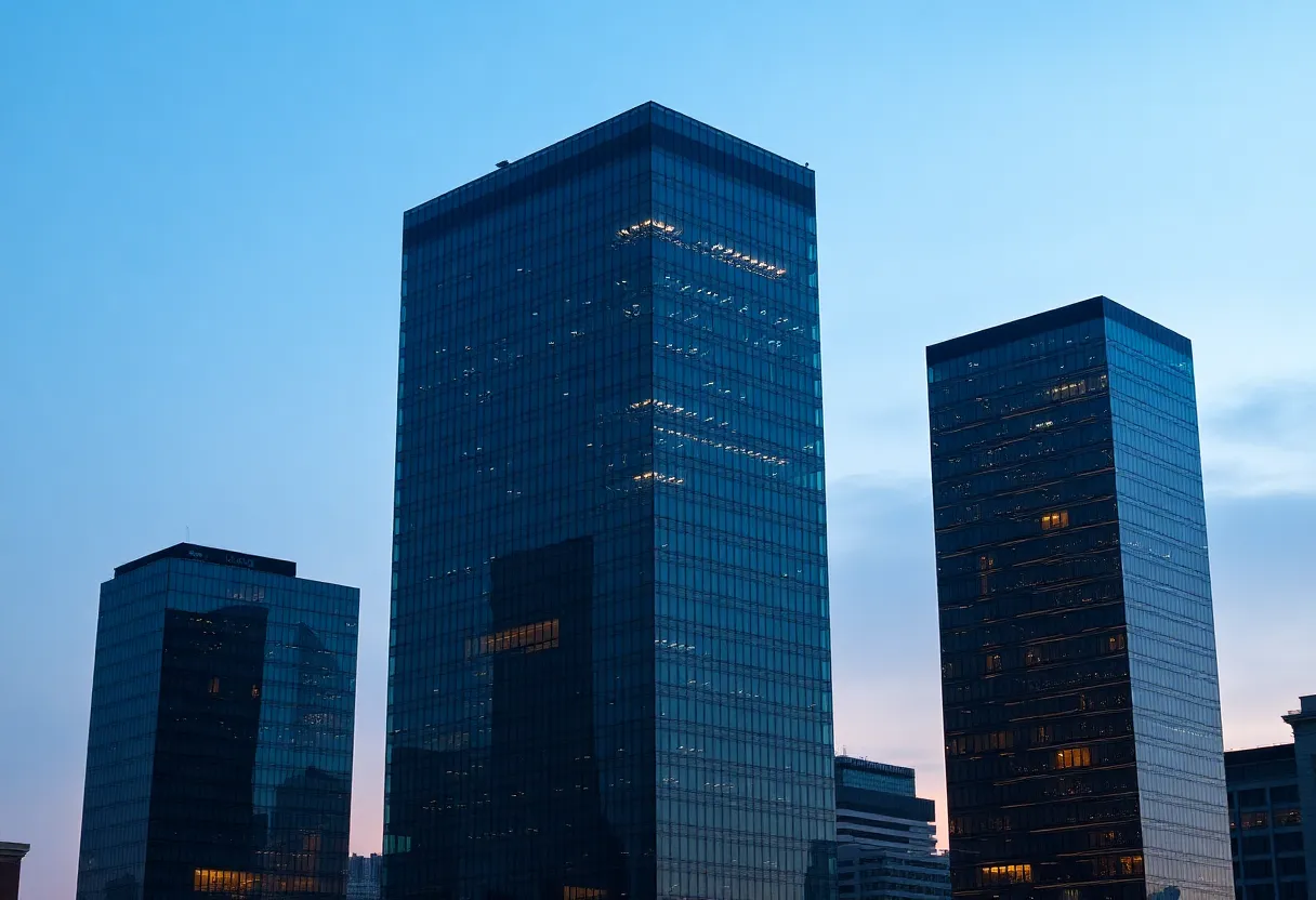 Glass office towers at dusk in a tech city