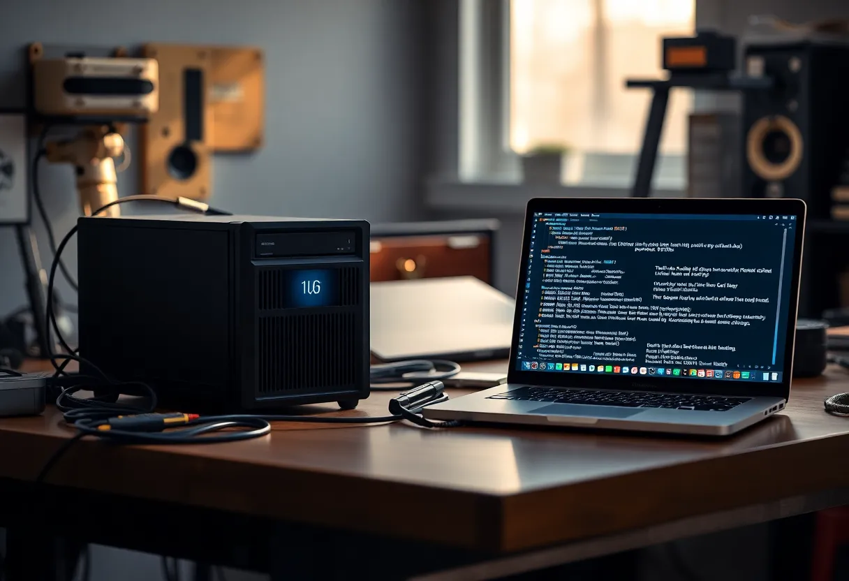 Small home server and a laptop with a CI pipeline on screen, workshop light