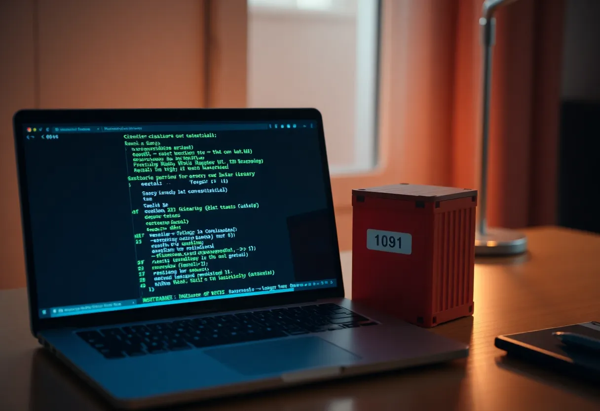 A CI laptop showing a failing integration test next to a Postgres container