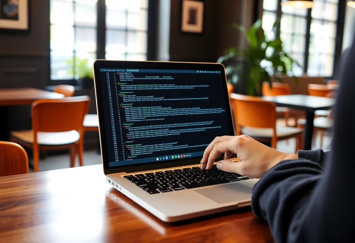 Engineer deleting code on a laptop in a cafe