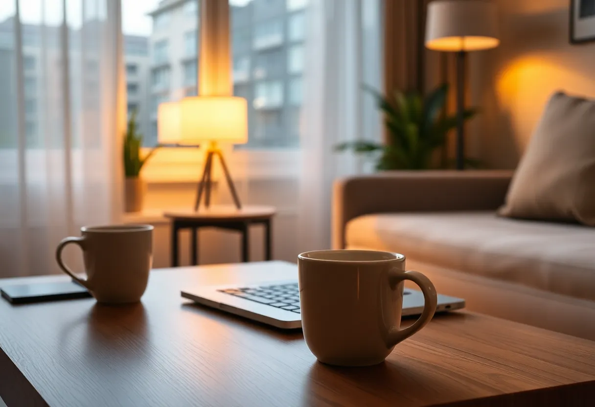 Person at a laptop with a coffee in a quiet evening apartment