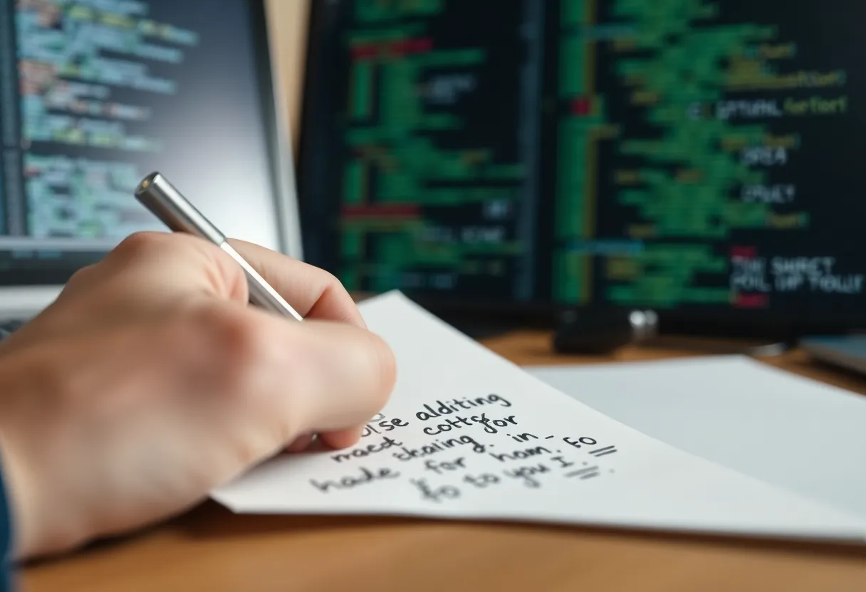 A developer desk with a job note beside an editor and a terminal