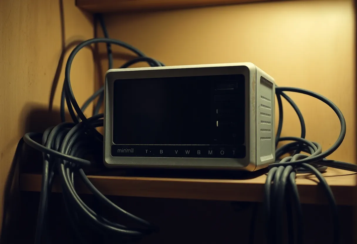 Forgotten mini PC on a shelf behind cables, dust, dim closet light