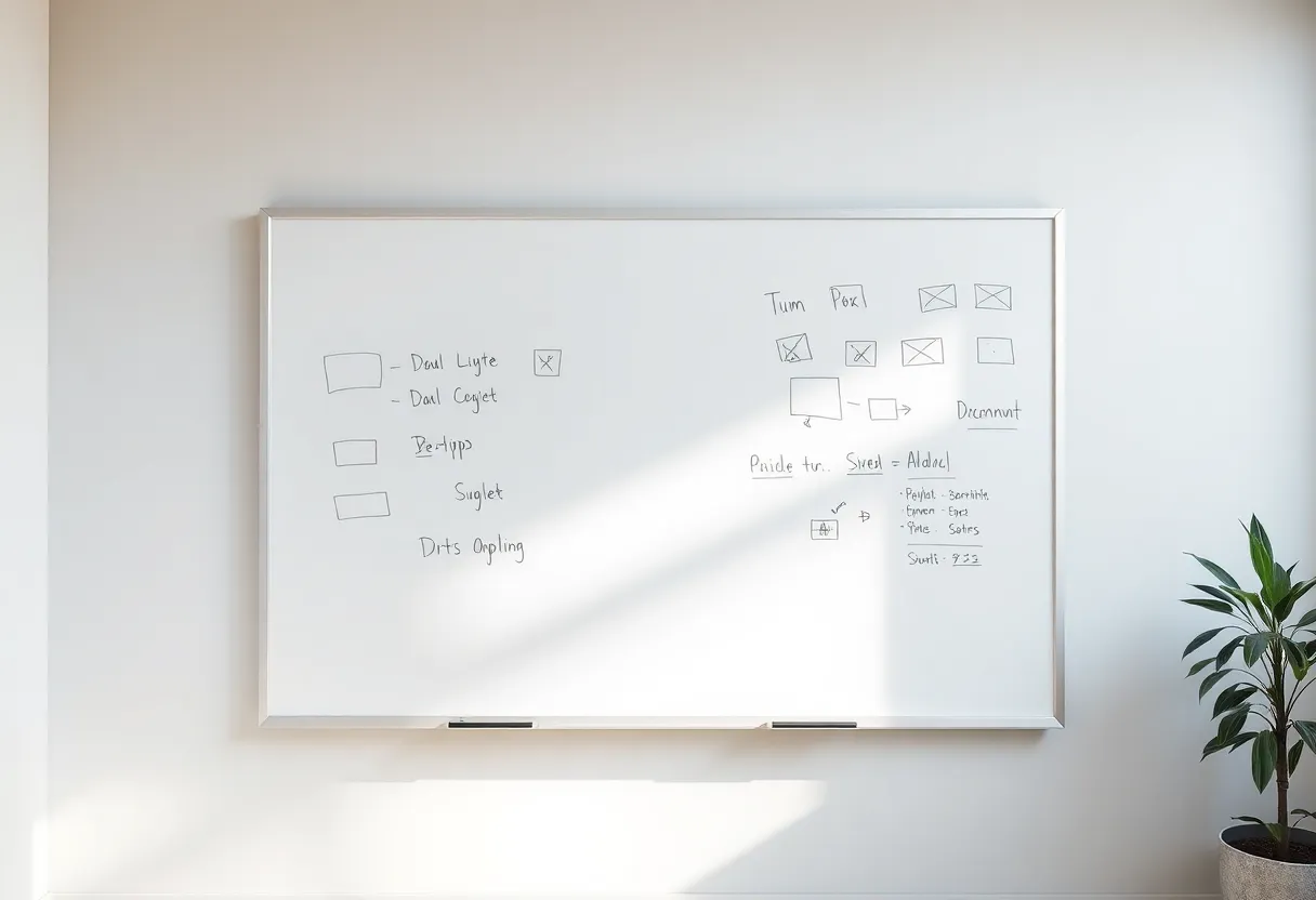 A whiteboard showing a data pipeline of boxes and arrows, no class diagram
