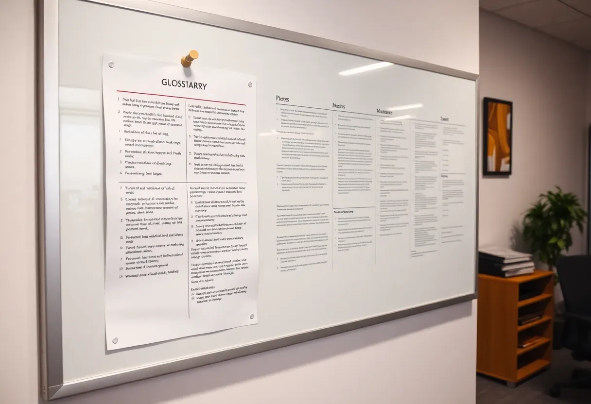 A glossary printed on a wall next to a whiteboard of business phrases