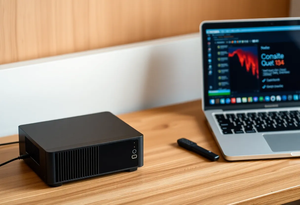 Small server and a laptop on a tidy desk, one product stack