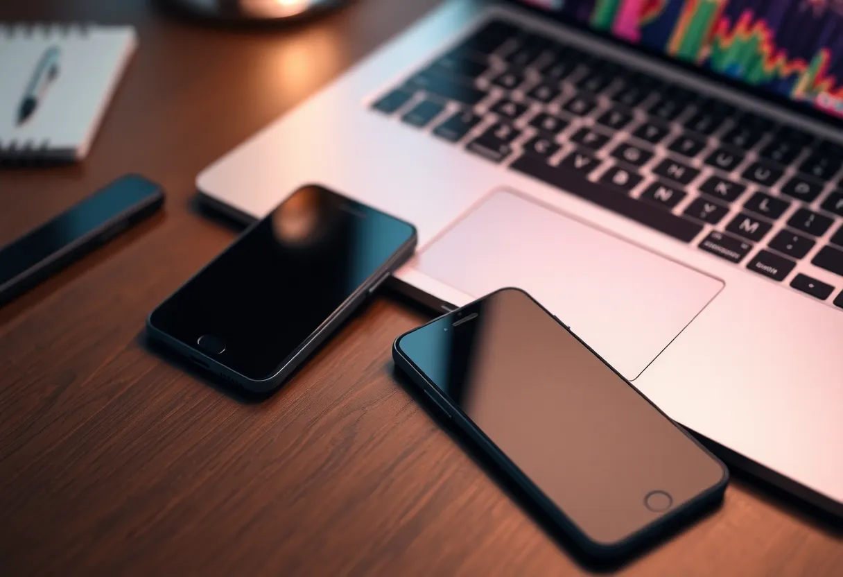 Two phones on a desk beside Xcode and Android Studio windows