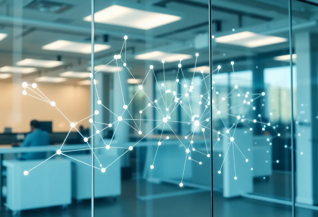 Diagram-like wall of connected nodes in a dim office