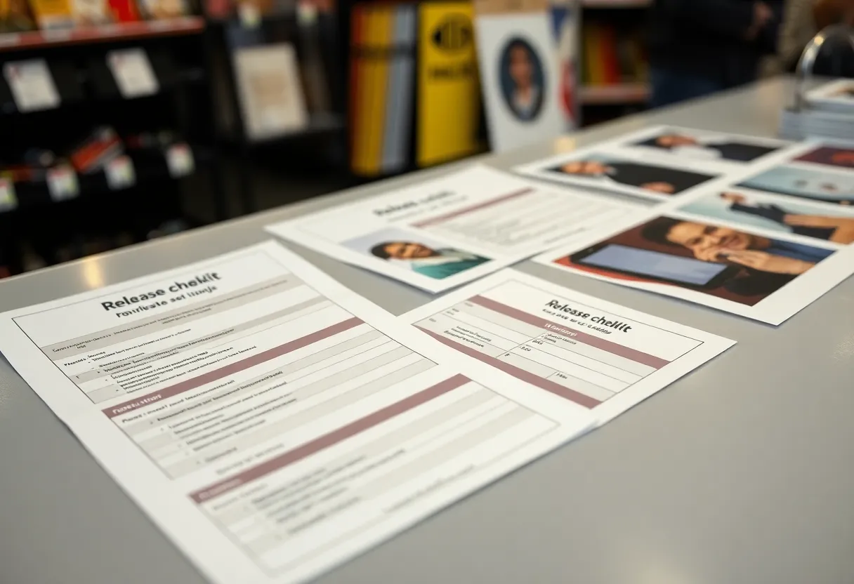 A release checklist and two store listing printouts on a table