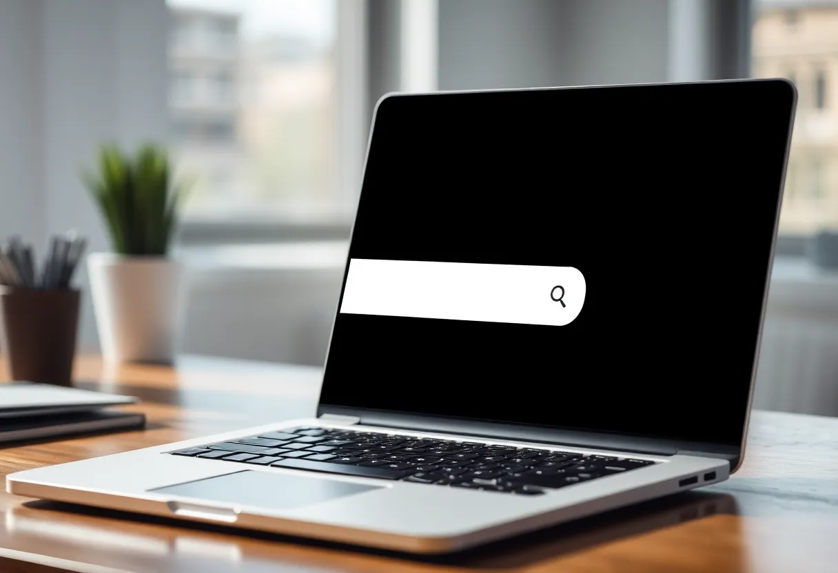 Laptop showing a search box and a list of results