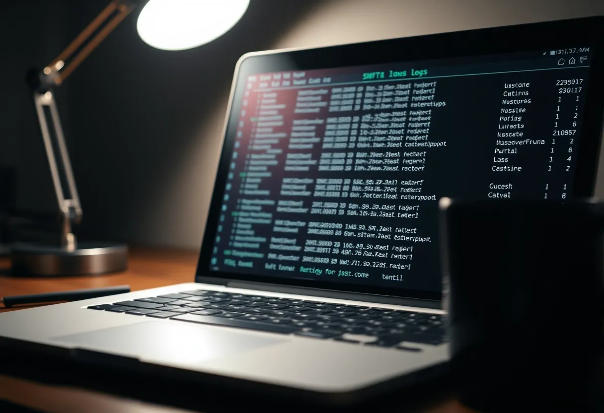Late-night laptop with mail logs and DNS records on a dark terminal