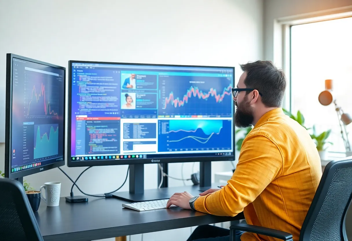 Designer and developer reviewing a UI on a large monitor