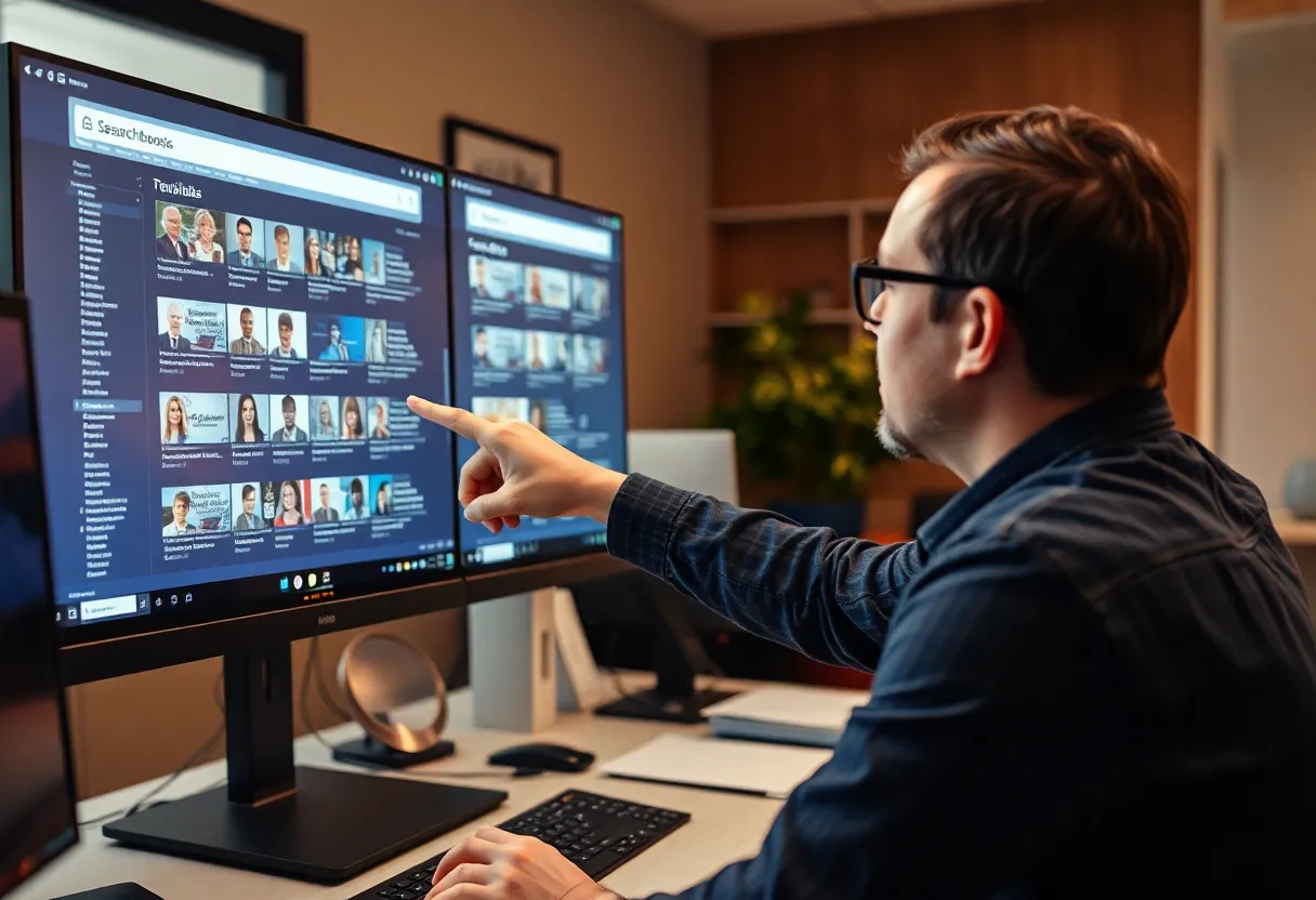 A developer pointing at a search result list on a monitor