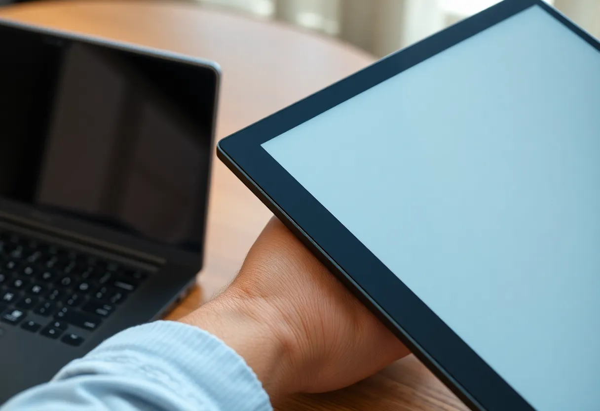 Desk with an e-ink monitor and a dark laptop, notebook, daylight