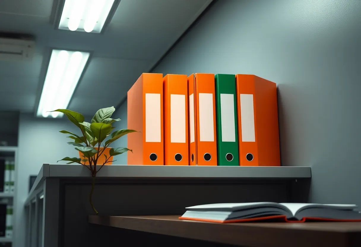 Office shelf with labeled binders and a small plant
