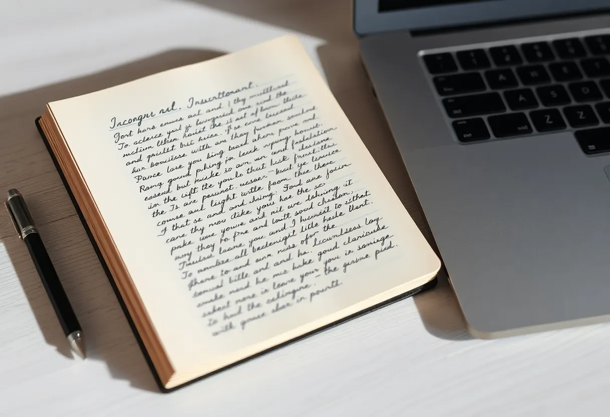 A notebook with a short handwritten system narrative beside a closed laptop