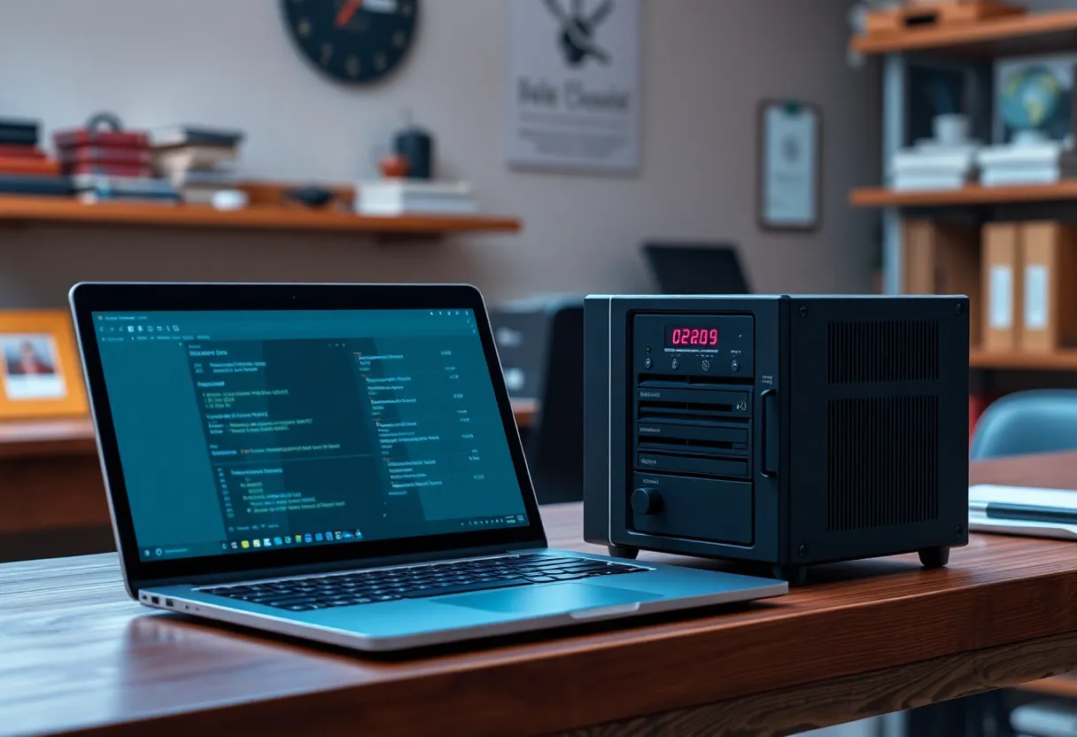 Database and laptop on a workbench