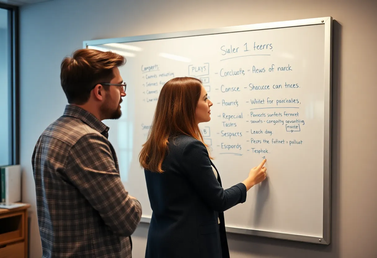 Two engineers at a whiteboard drawing package boxes and a forbidden import arrow