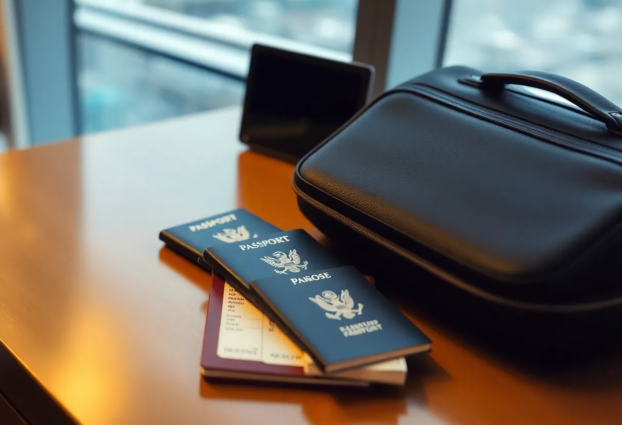 Passport and boarding passes on a hotel desk beside a laptop bag
