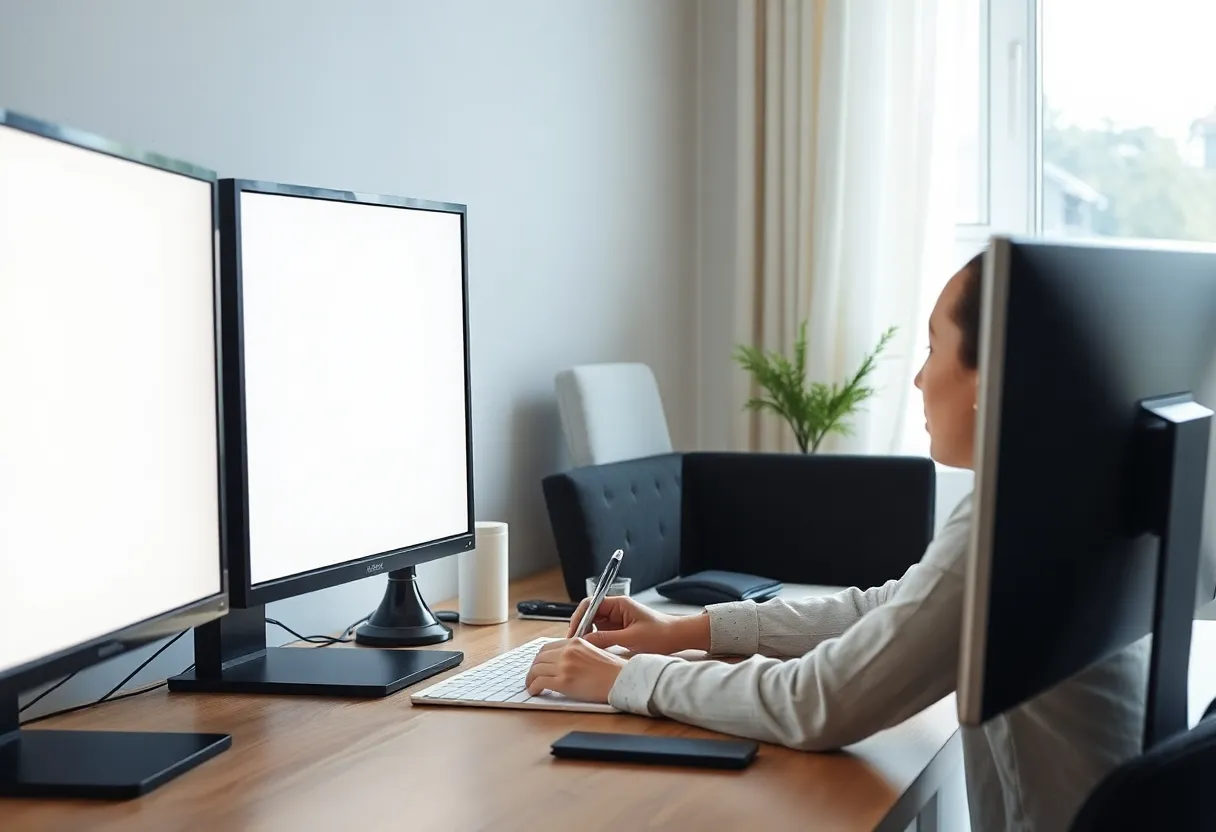 Writer at a desk glancing between a paperlike screen and a regular monitor