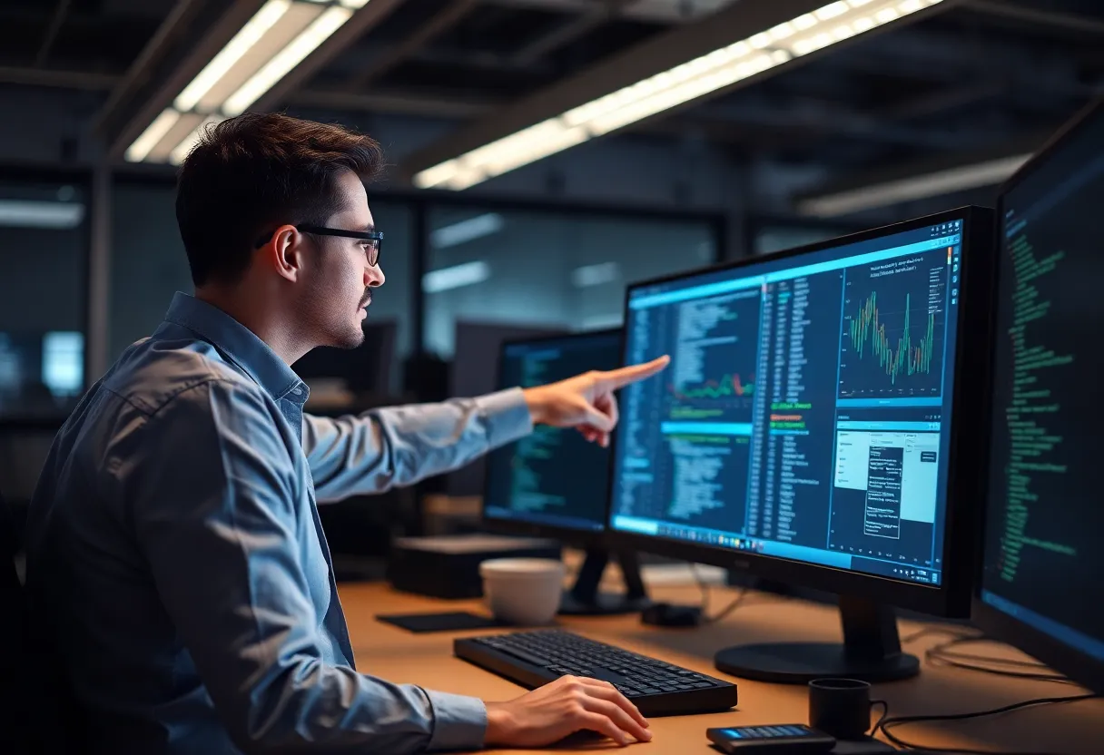 Backend engineer pointing at a query plan on a screen