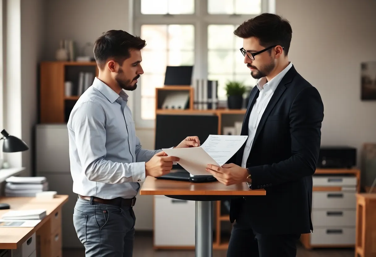 Two people reviewing a shared checklist at a standing desk