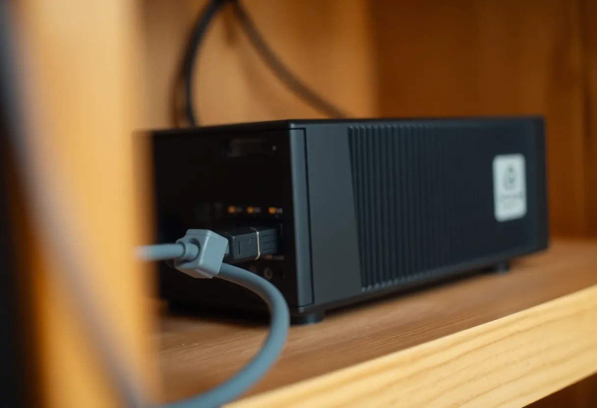 Compact mini server with an ethernet cable on a wooden shelf