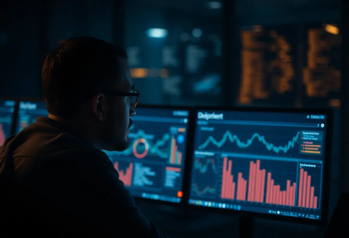 Developer at a desk with monitor glow reflecting on glasses