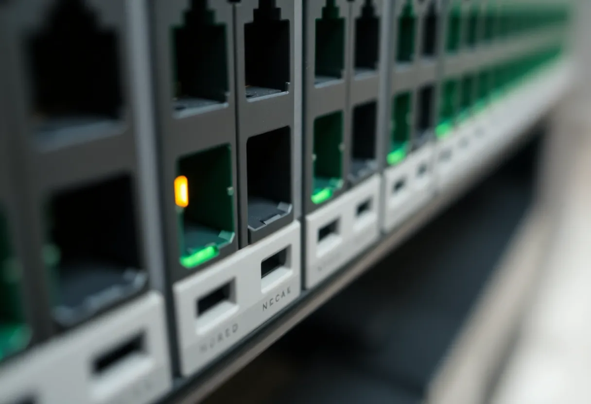 Patch panel with one amber LED among green ones