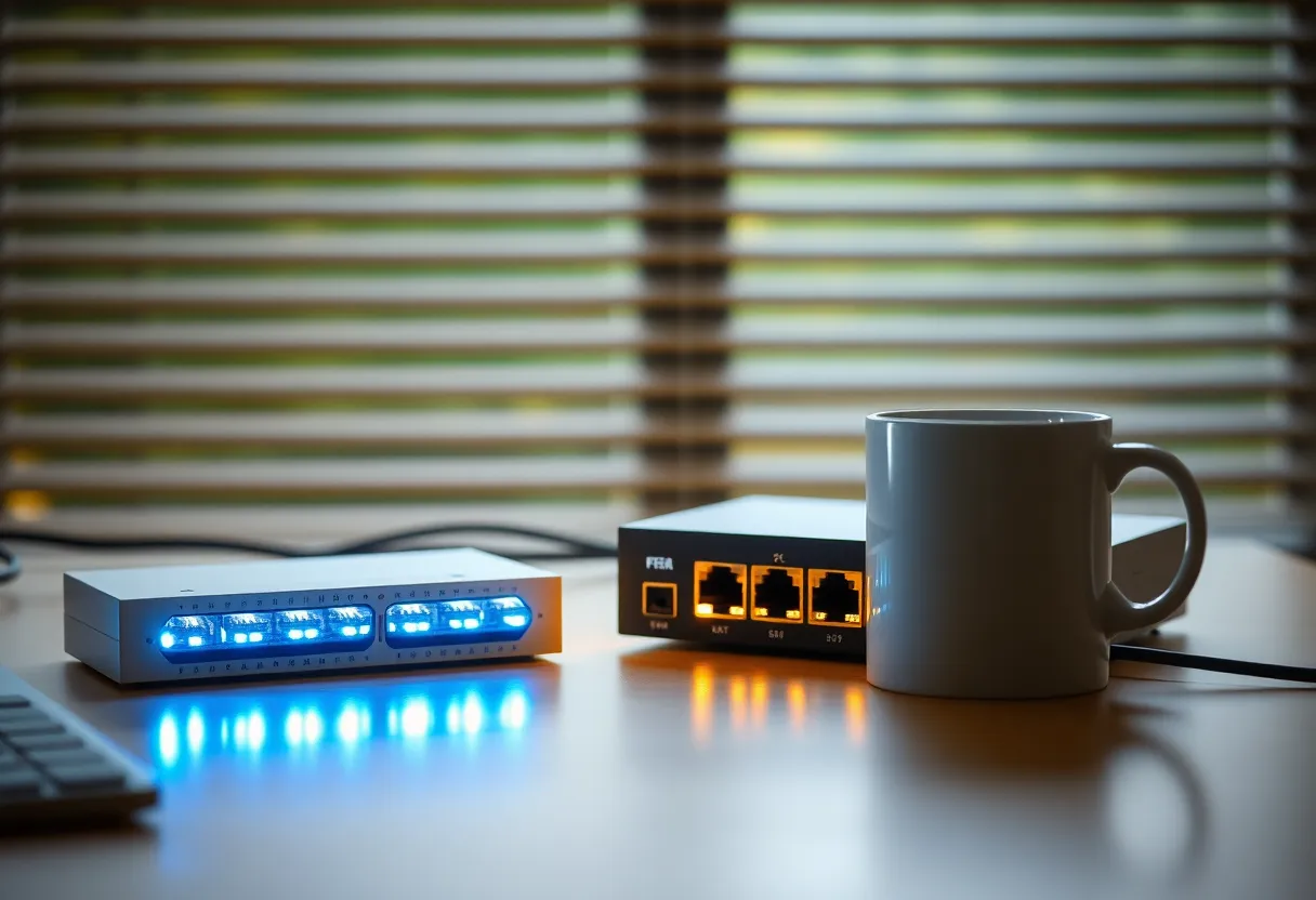 Quiet desk with coffee and switch LEDs in morning light
