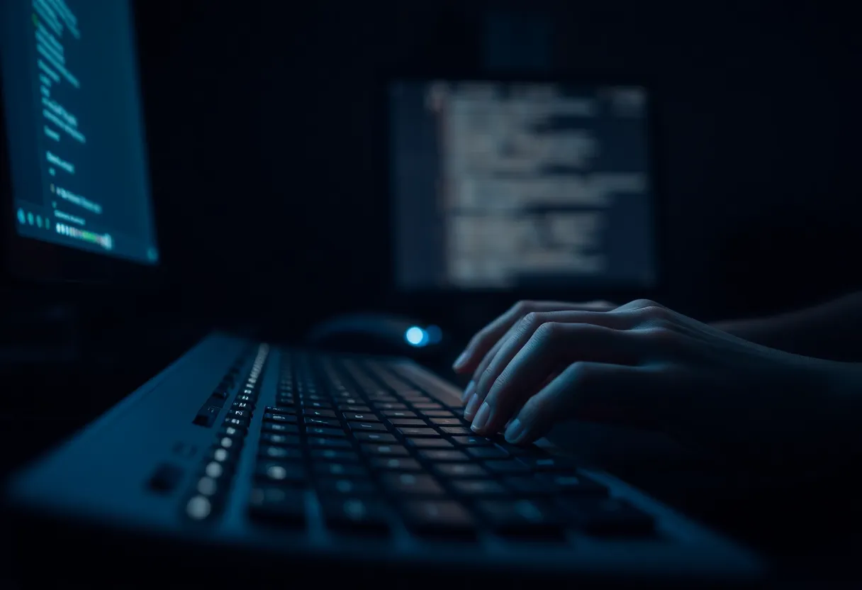 Hands typing on a keyboard under soft monitor glow