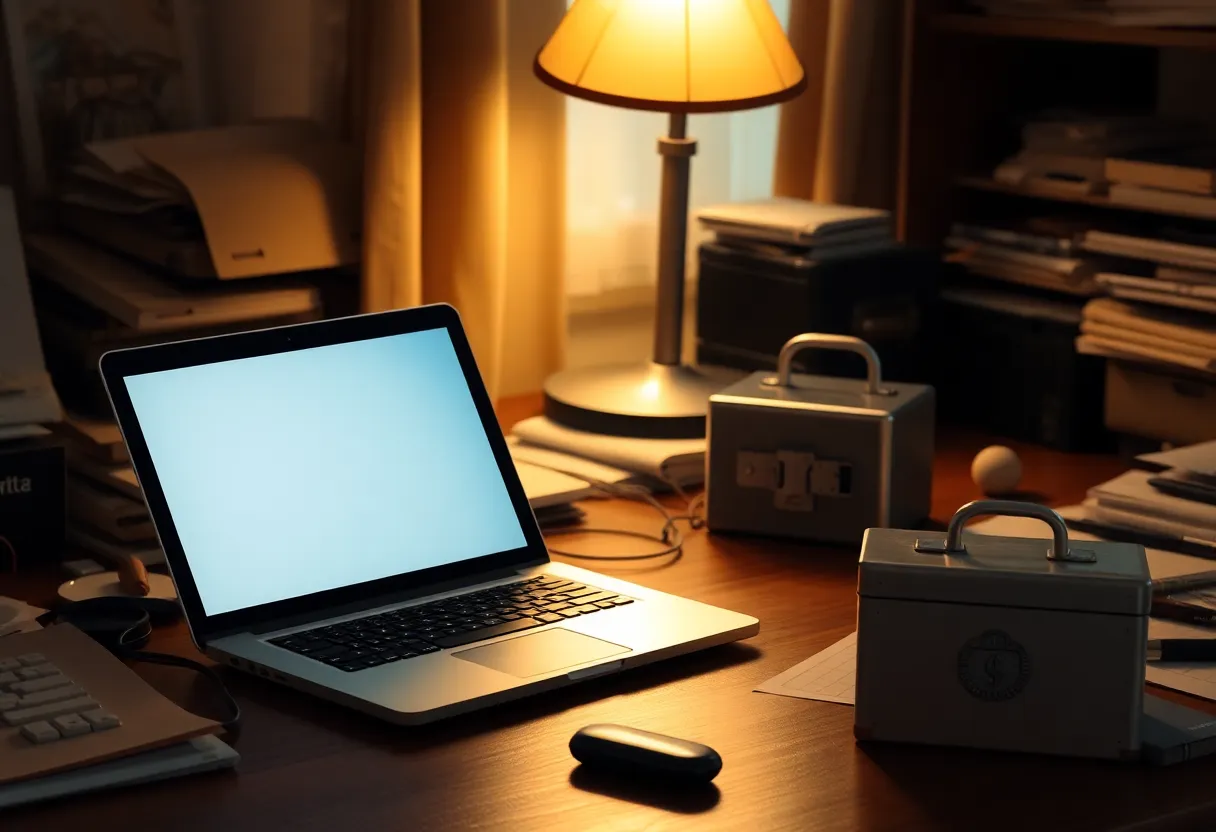Laptop on a desk beside a small locked metal box