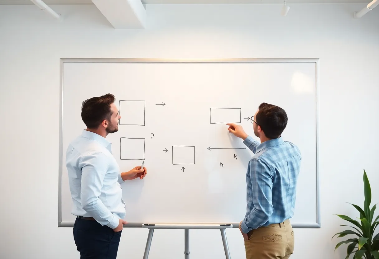 Engineers sketching a system together during work hours