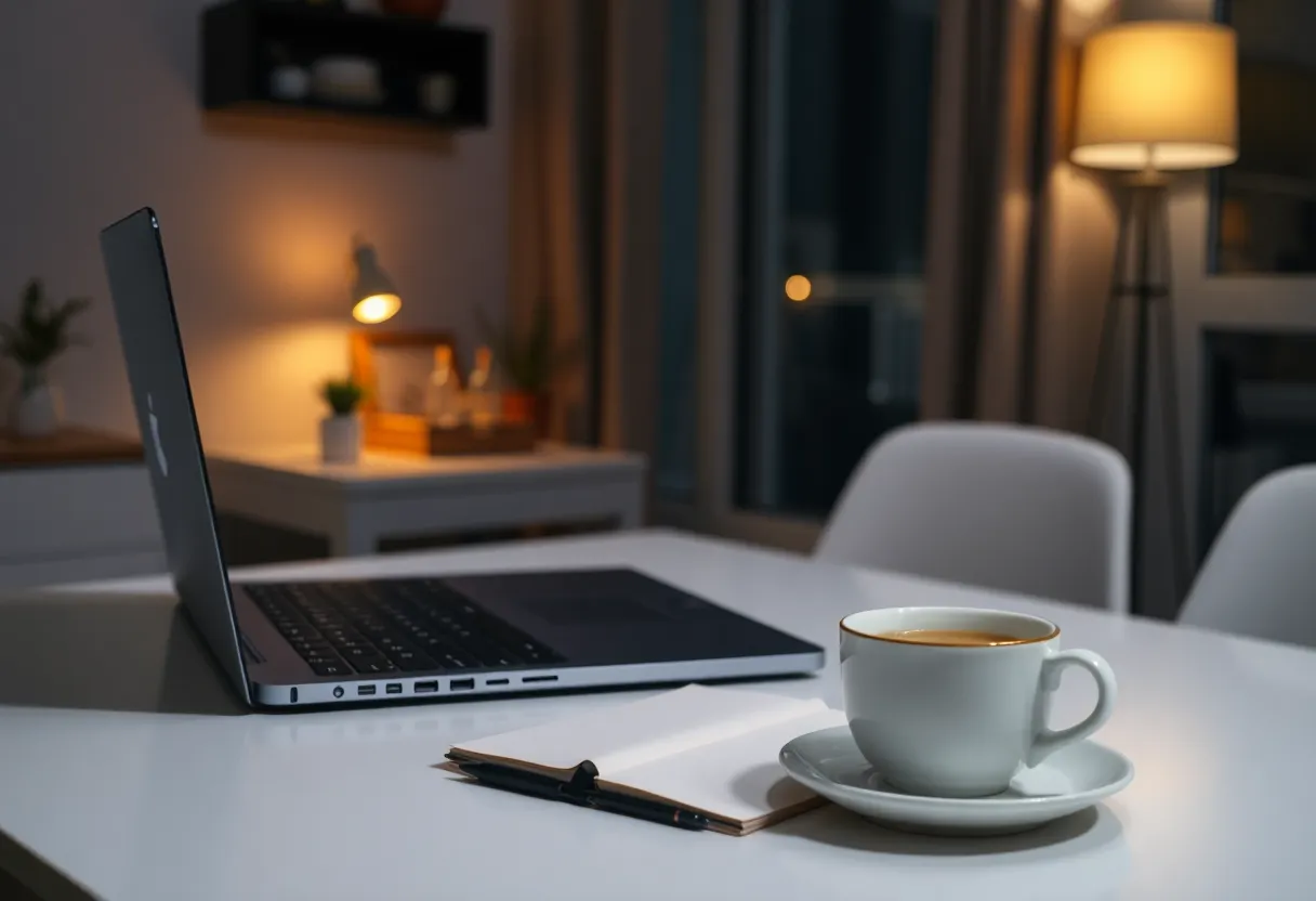 Quiet evening desk setup suggesting after-hours study