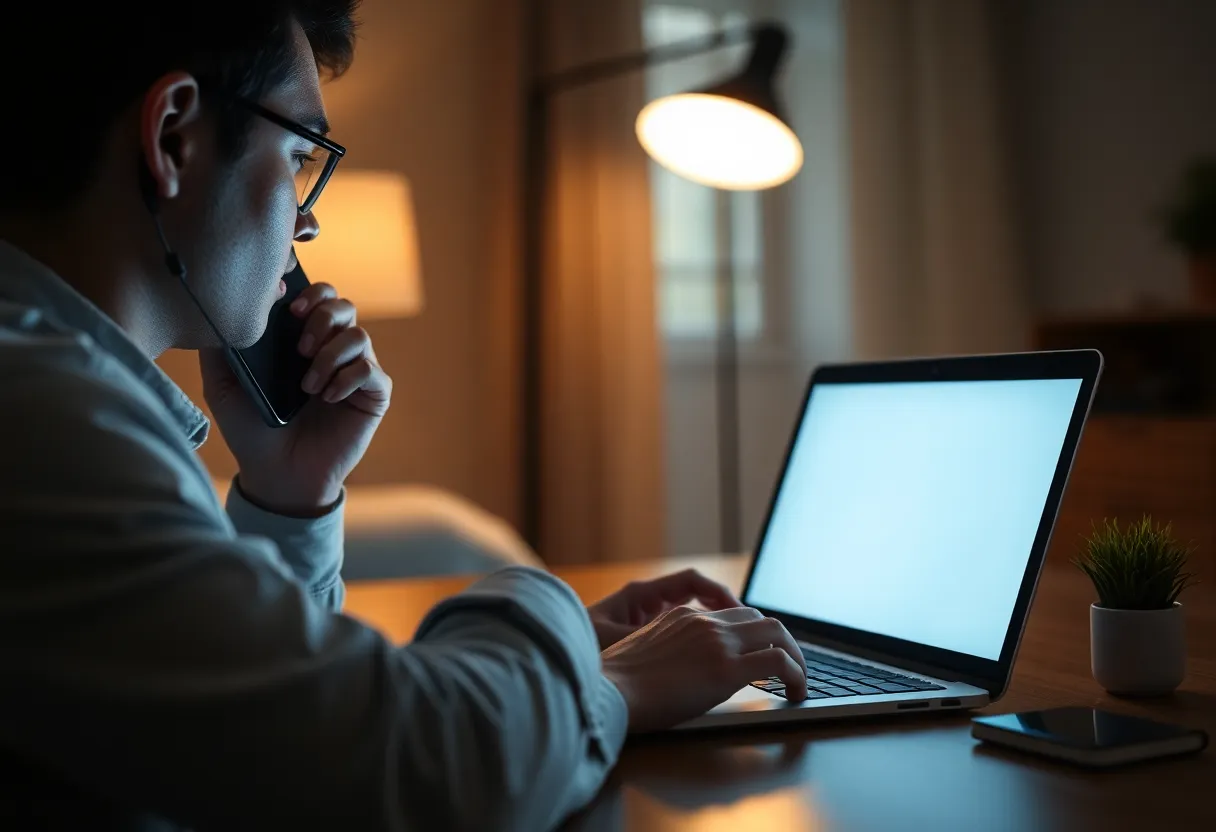 Person silencing a phone beside a glowing laptop at night