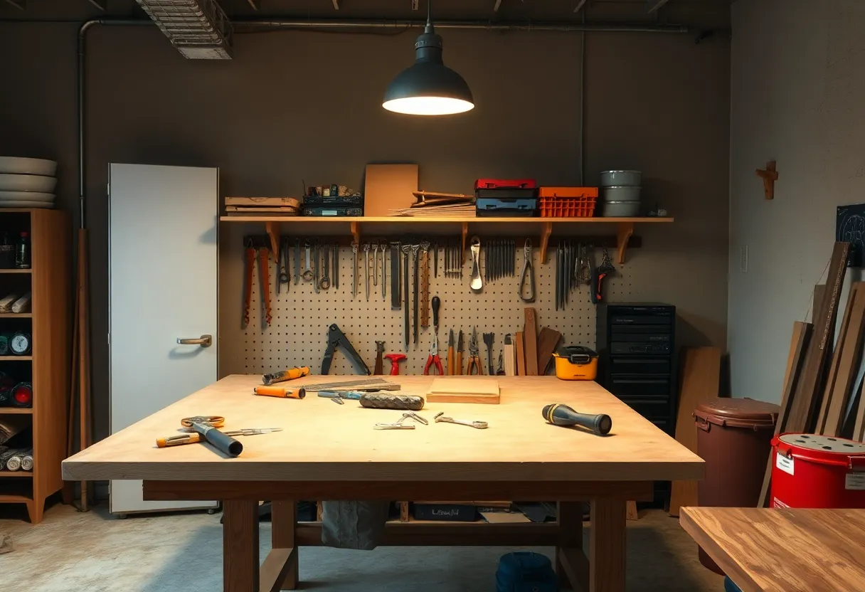 Workshop bench cleared during an upgrade under a lamp