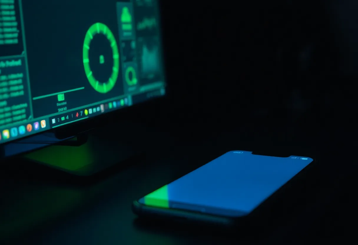 Phone face-down next to a homelab monitor showing a green status dashboard