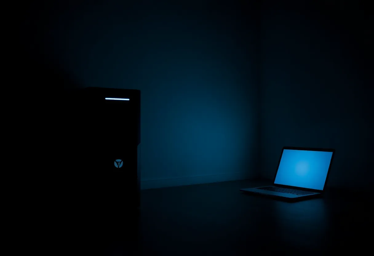 Powered-off tower across from a glowing laptop in a dark room