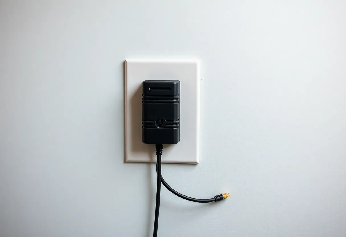 UPS battery backup and ethernet cable at a wall outlet