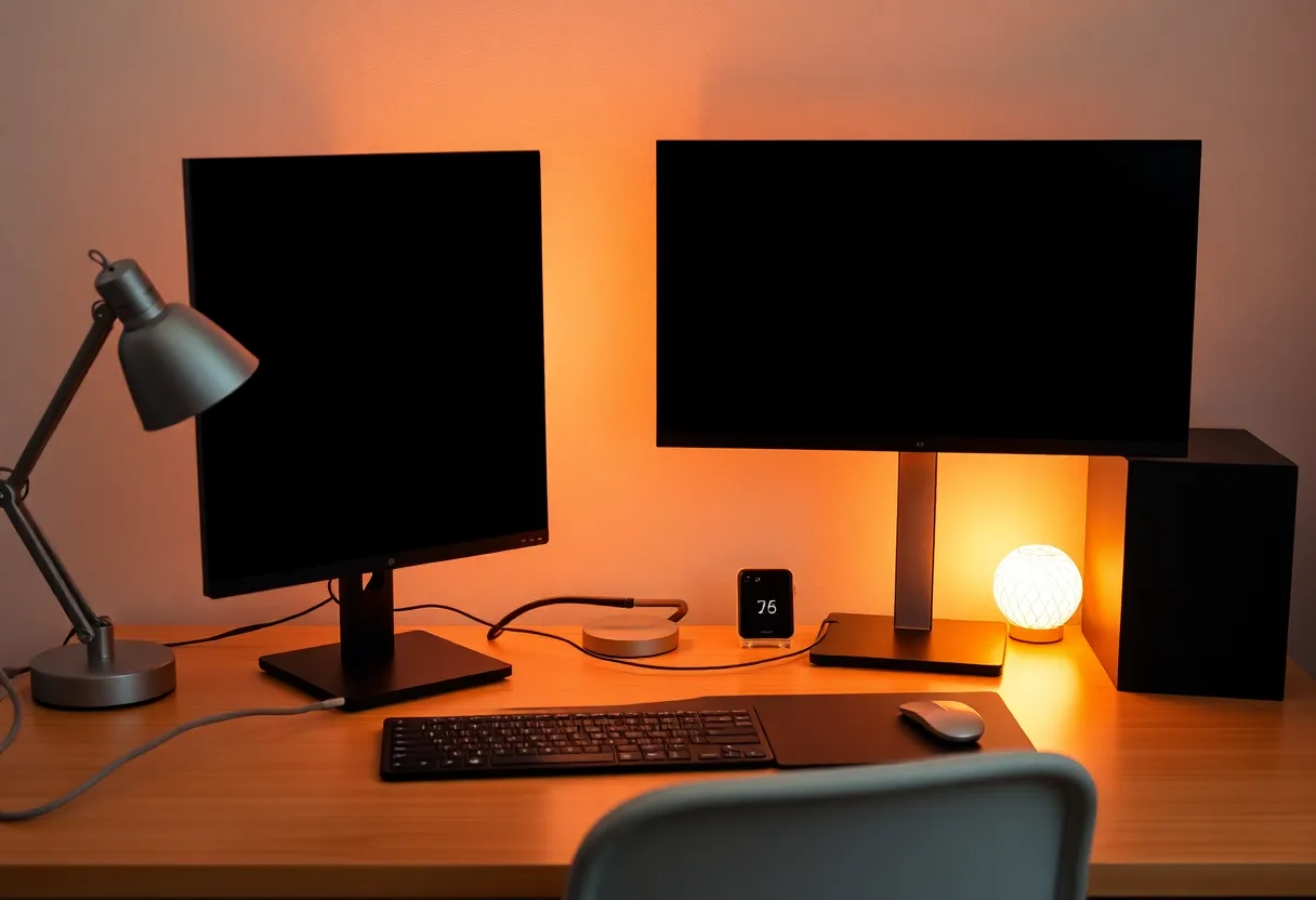 Desk with a tall portrait monitor beside a landscape coding display