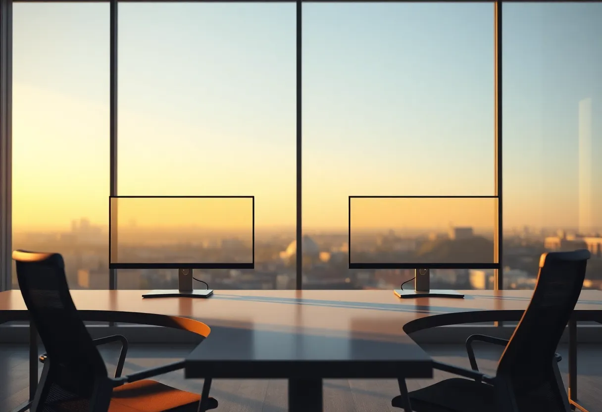 Two landscape monitors on a wide desk with soft evening light
