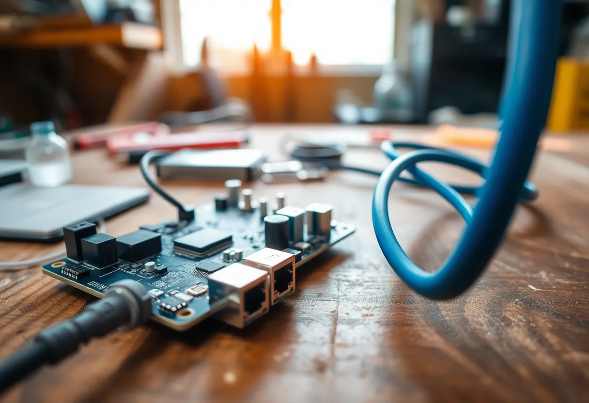 Circuit board and ethernet cable on a workbench
