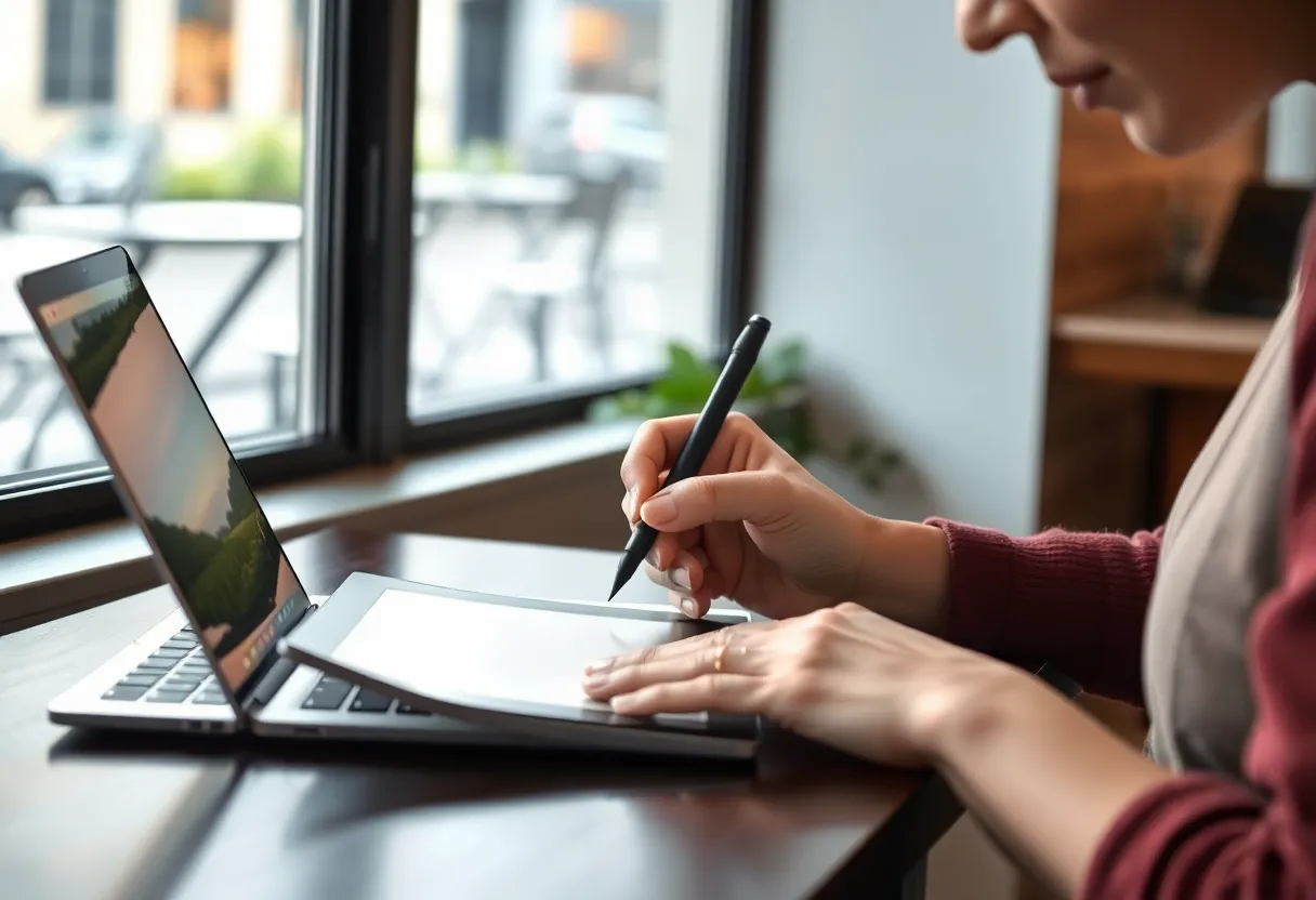 Stylus on an e-ink tablet beside a laptop near a window