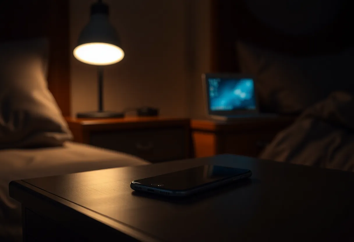Small VPS-style server and a phone on a nightstand, lamp off